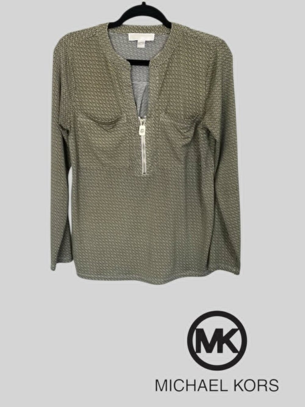 Michael Kors Longsleeve Geometric Print Front Zipper Blouse Top Womens Medium